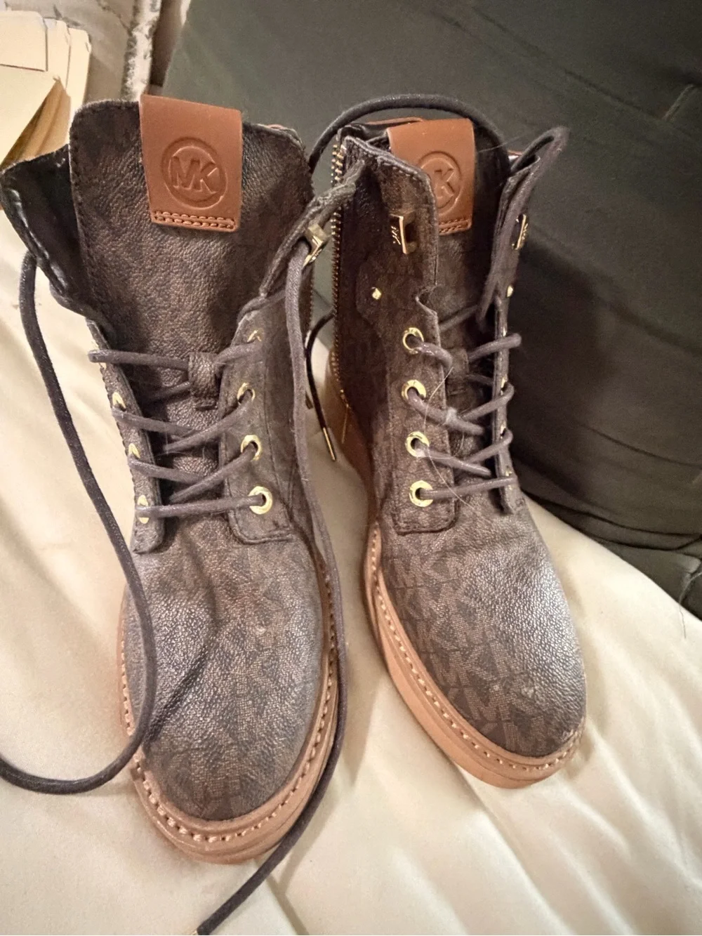 Michael Kors Brown Logo Lace-Up Platform Combat Boots